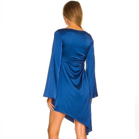 Camila Coelho Midi Dress M Luna Blue Satin Cutout Long Sleeve Navy Ruch Revolve - Picture 3 of 12